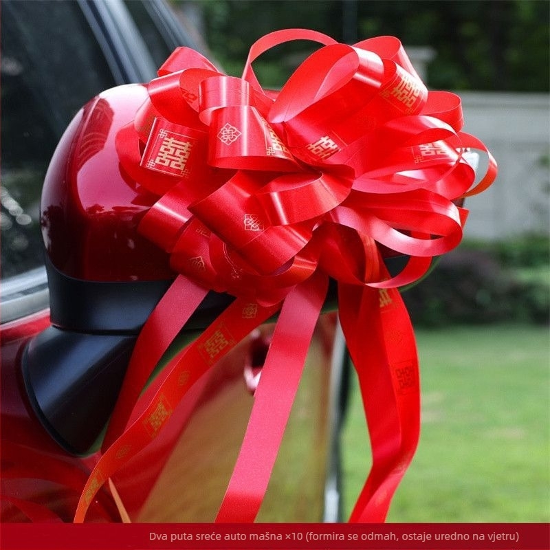 Vjenčana dekoracija automobila s trakama i cvijećem — Marka: Happy in red; Materijal: Plastika; Vrsta materijala: Traka; Prigoda: Vjenčanje; Kategorija: Rekviziti za uređenje prostora