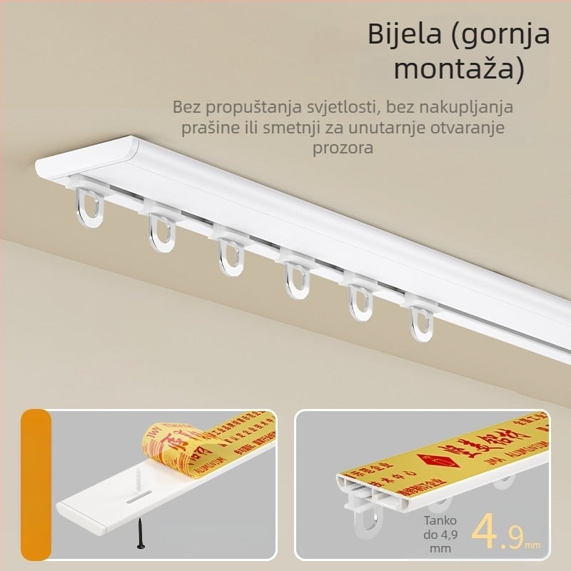 Zavjesna tračnica M5 — ultratanka, gornja montaža, nevidljiva tiha klizna šina, bez bušenja, izuzetno uski profil, aluminijska legura