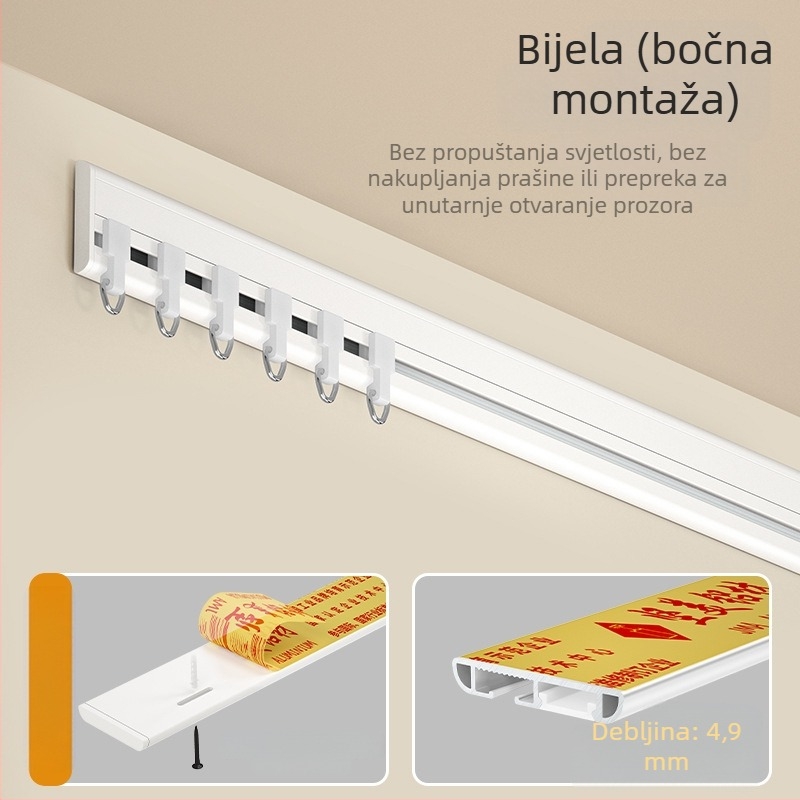 Zavjesna tračnica M5 — ultratanka, gornja montaža, nevidljiva tiha klizna šina, bez bušenja, izuzetno uski profil, aluminijska legura