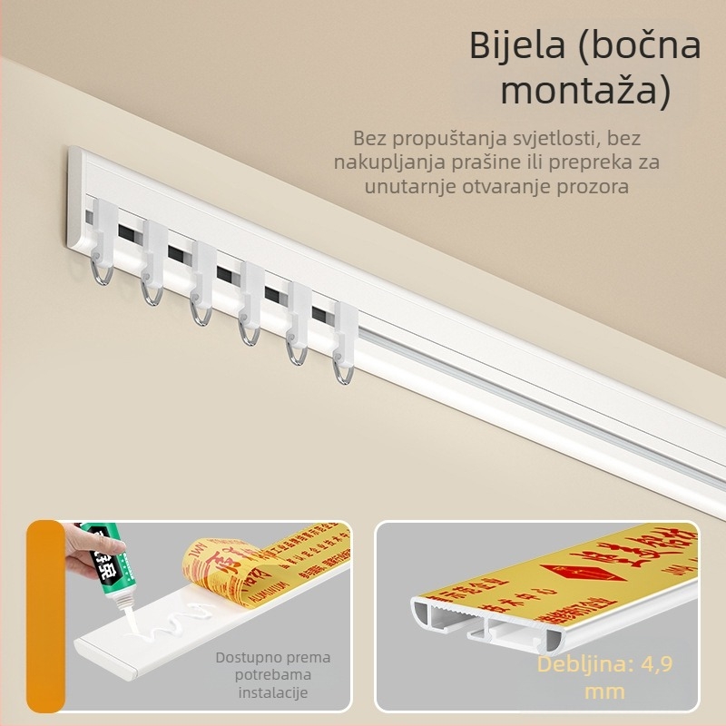 Zavjesna tračnica M5 — ultratanka, gornja montaža, nevidljiva tiha klizna šina, bez bušenja, izuzetno uski profil, aluminijska legura