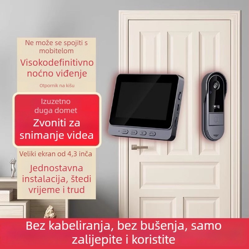 Bežični video zvono za vrata s zaslonom, interkom, noćni pogled, bez Wi-Fi