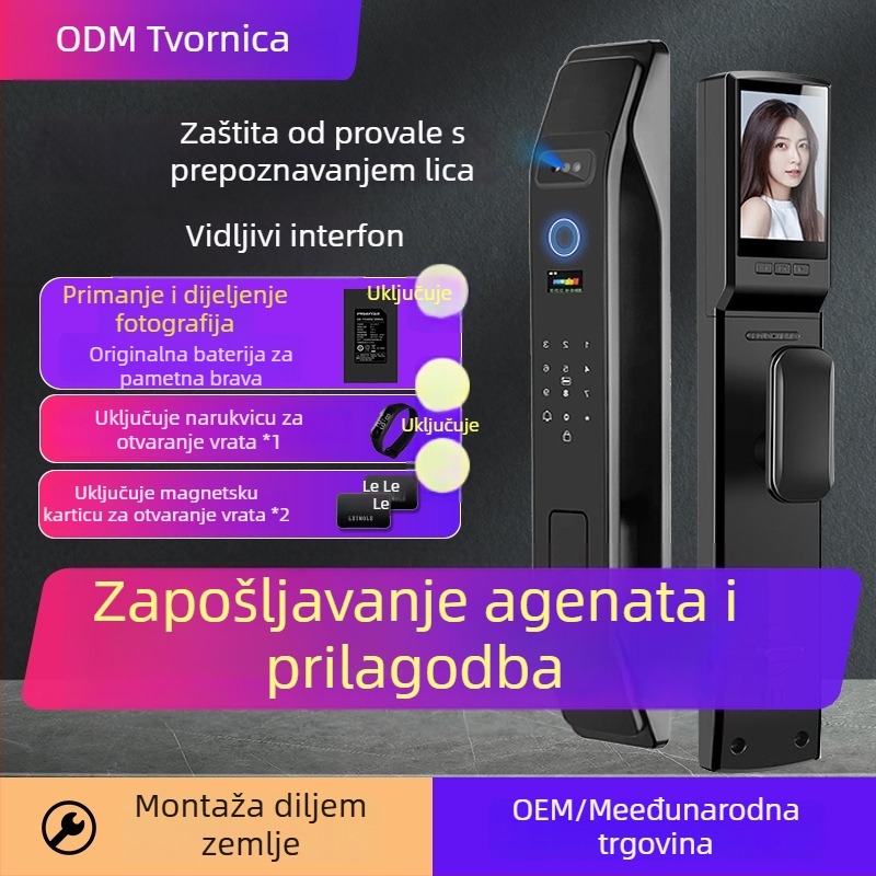 Pametna vrata zaključavanja K9 s prepoznavanjem lica i otiskom prsta, lozinka i daljinsko otključavanje – 100 pohranjenih otisaka; >100000 ciklusa otključavanja; skeniranje <0,2 s; video interkom