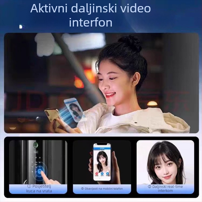 Pametna vrata zaključavanja K9 s prepoznavanjem lica i otiskom prsta, lozinka i daljinsko otključavanje – 100 pohranjenih otisaka; >100000 ciklusa otključavanja; skeniranje <0,2 s; video interkom