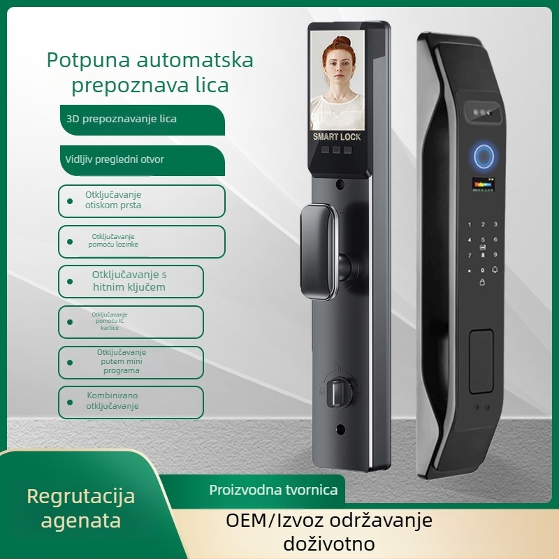 Pametna vrata zaključavanja K9 s prepoznavanjem lica i otiskom prsta, lozinka i daljinsko otključavanje – 100 pohranjenih otisaka; >100000 ciklusa otključavanja; skeniranje <0,2 s; video interkom