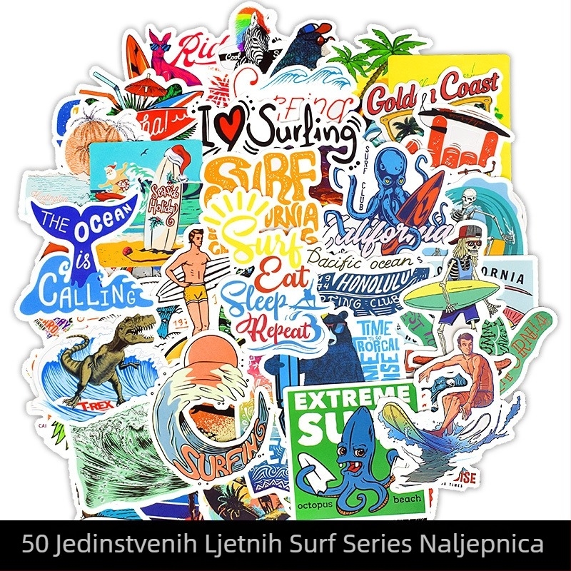 50 komada ljetnih naljepnica za surfanje – vinil naljepnice za karoseriju auta, laptop, prtljagu i frižider; motivi: surfanje, more, ljeto; prilagodljive