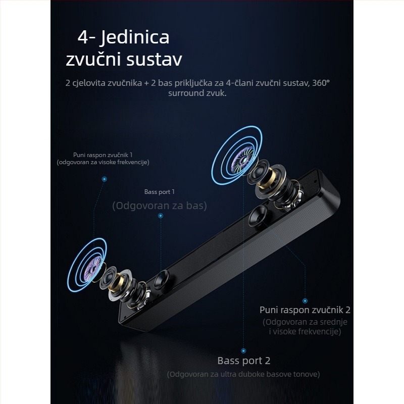 Računalni zvučnici Bluetooth, 2 zvučnika, raspon frekvencija 100 Hz-20 kHz, SNR >=70 dB, IPX5 vodootpornost