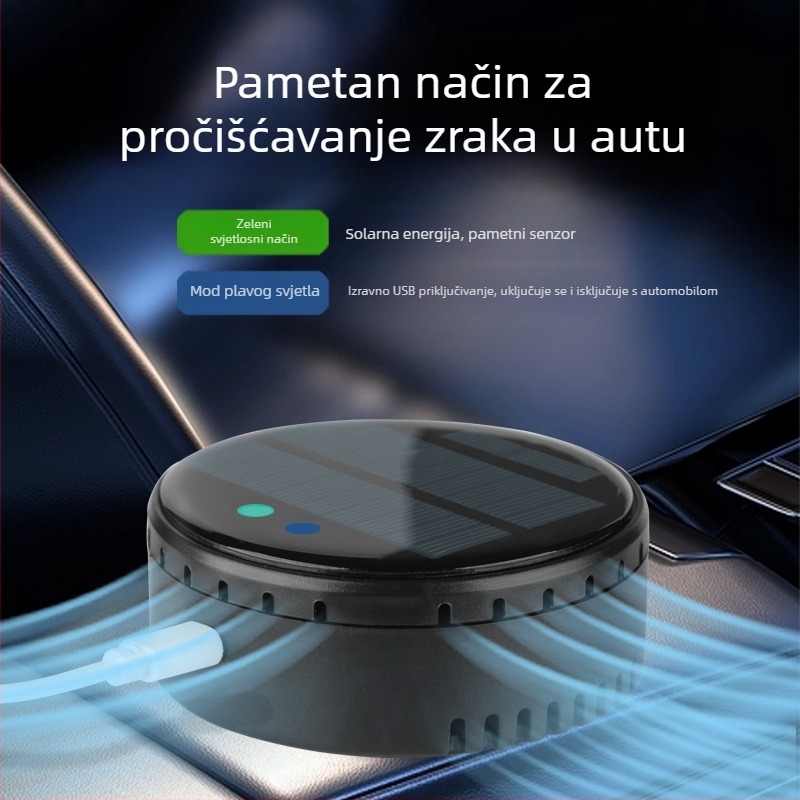 Pročišćivač zraka za automobil i dom s solarnim napajanjem, ionska tehnologija za uklanjanje mirisa i formaldehida, dezinfekcija i sterilizacija, tih rad ispod 36 dB, protok zraka 50 m3/h, inteligentna kontrola