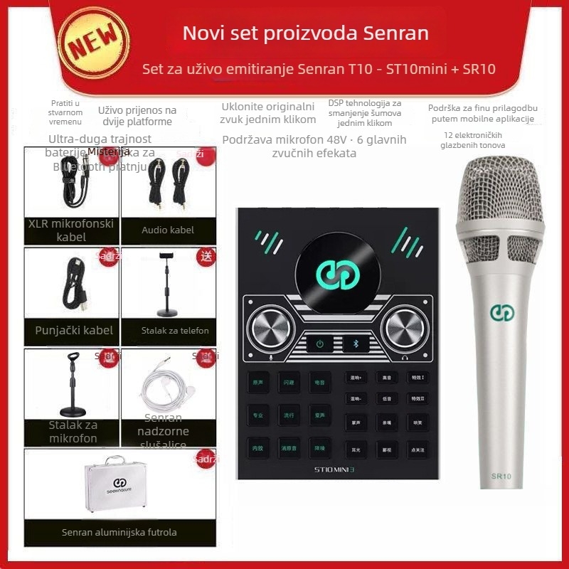 Kit zvučne kartice i miksera za streaming s mikrofonom i slušalicama – ST10mini3, ugrađena baterija 500–800 mAh, trajanje baterije 6–8 h, SNR ≥100 dB, frekvencijski raspon 100 Hz–20 kHz