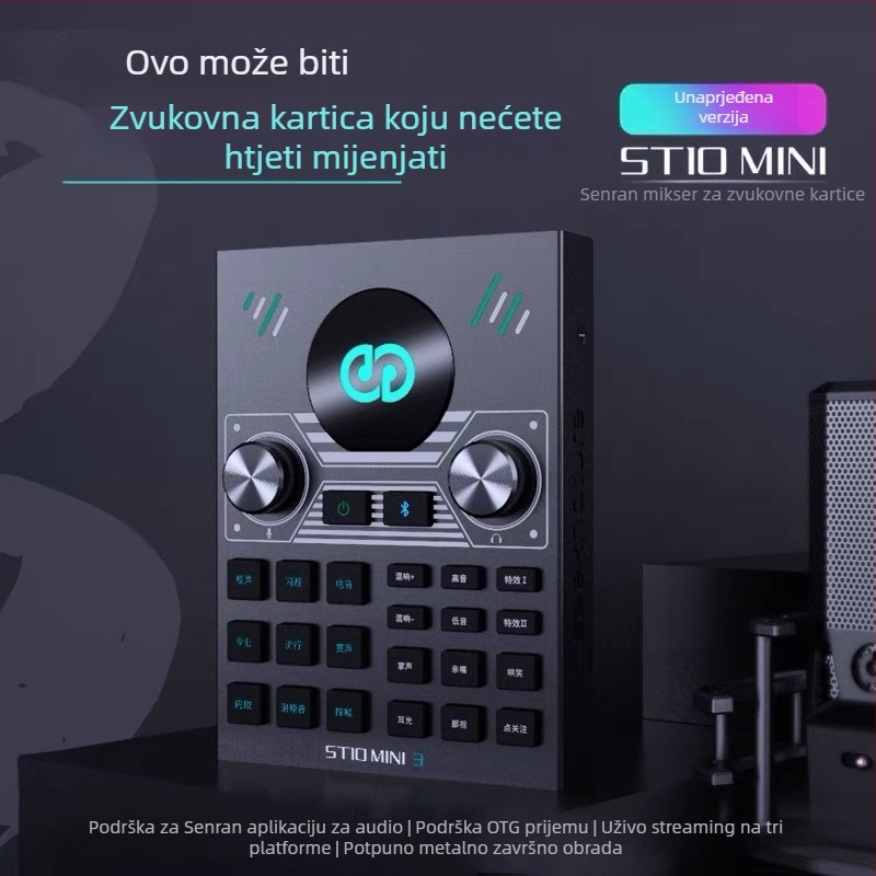 Kit zvučne kartice i miksera za streaming s mikrofonom i slušalicama – ST10mini3, ugrađena baterija 500–800 mAh, trajanje baterije 6–8 h, SNR ≥100 dB, frekvencijski raspon 100 Hz–20 kHz