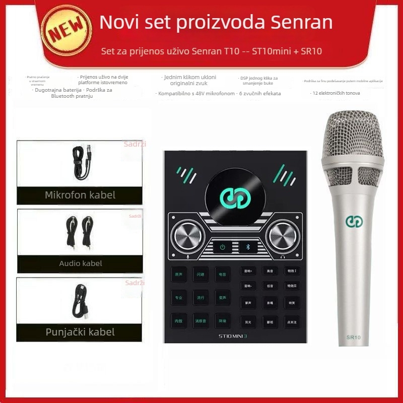 Kit zvučne kartice i miksera za streaming s mikrofonom i slušalicama – ST10mini3, ugrađena baterija 500–800 mAh, trajanje baterije 6–8 h, SNR ≥100 dB, frekvencijski raspon 100 Hz–20 kHz