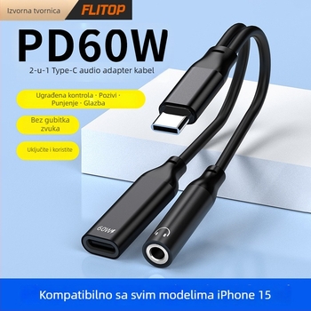 FLITOP Type-C na 3,5 mm audio adapter, model C-to-C+3.5, kompatibilan sa Samsung, Huawei, Apple iPhone 15 i drugi USB-C uređaji