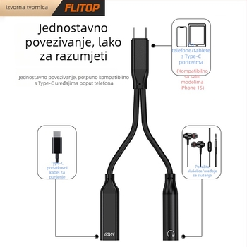 FLITOP Type-C na 3,5 mm audio adapter, model C-to-C+3.5, kompatibilan sa Samsung, Huawei, Apple iPhone 15 i drugi USB-C uređaji