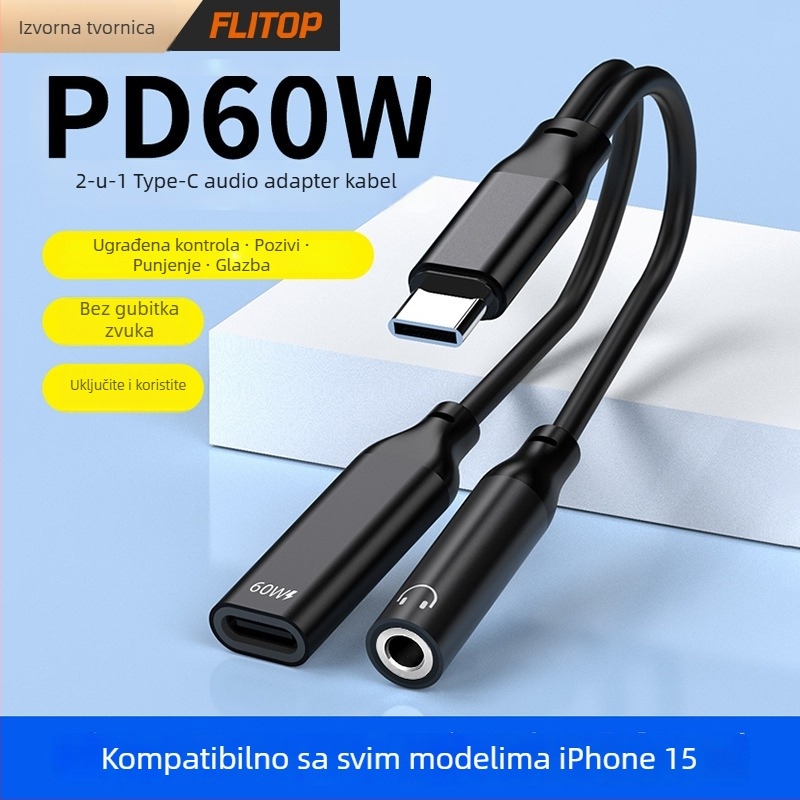 FLITOP Type-C na 3,5 mm audio adapter, model C-to-C+3.5, kompatibilan sa Samsung, Huawei, Apple iPhone 15 i drugi USB-C uređaji