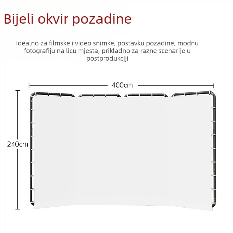 Pozadinska ploča za fotografiju s metalnom konstrukcijom i tkaninom od poliestera i pamuka, pogodna za fotografiranje kostima; uključuje 1 stalak i 1 komad platna; težina 9,5 kg