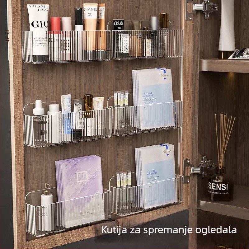 Zidni kozmetički organizator 985, PET, s pregradama za ruže i kozmetiku, višenamjenski organizator za kupaonicu i spavaću sobu, moderni prugasti dizajn