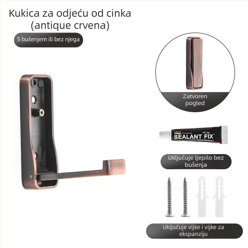 Olefo skriveni kukica za garderobu - bez bušenja, sklopiva, aluminijski spoj, elektroplatirana površina, za vrata/ zid, Model 800, moderni minimalistički stil