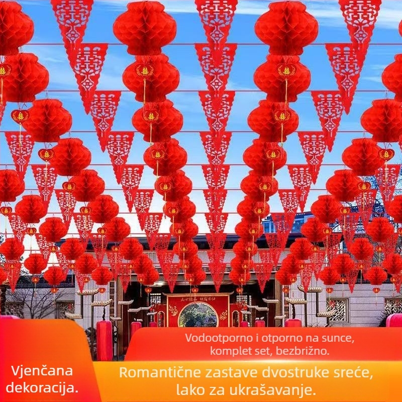 Set dekoracije svadbenog mjesta: plastične vrpce‑girlande, lampioni i banner s motivom dvostruke sreće