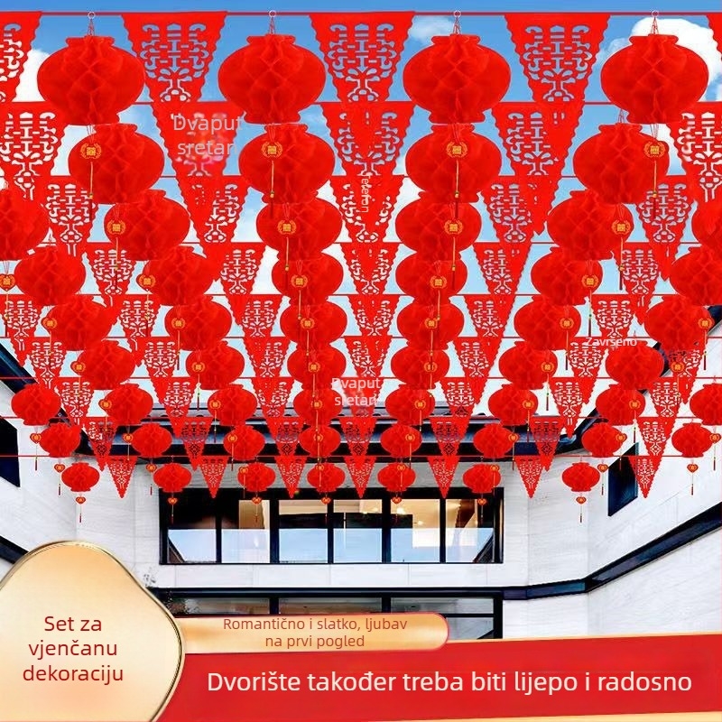 Set dekoracije svadbenog mjesta: plastične vrpce‑girlande, lampioni i banner s motivom dvostruke sreće