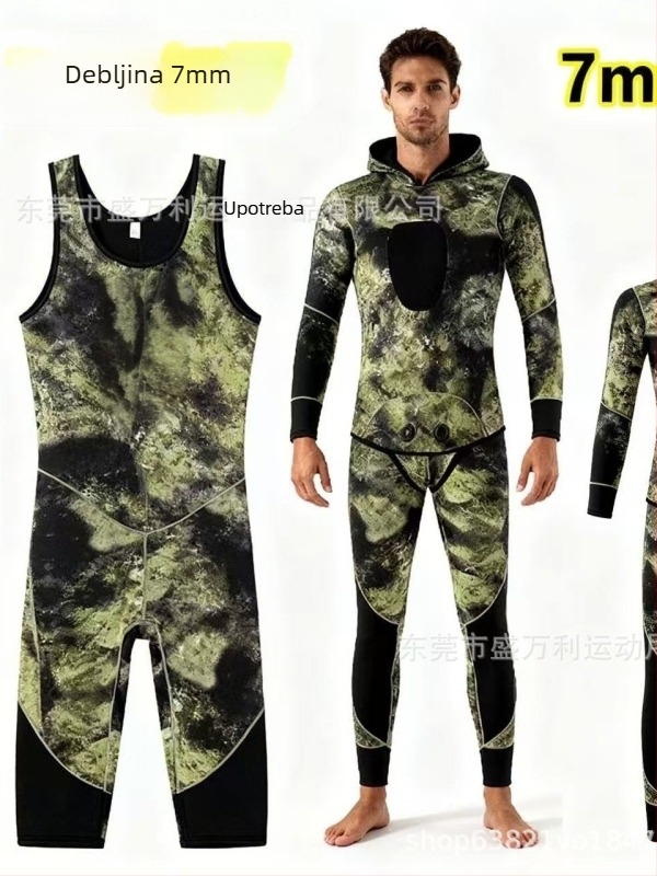 7mm kapuljačasti dvodjelni wetsuit za ronjenje i vodene sportove, kamuflažni uzorak, unisex za odrasle