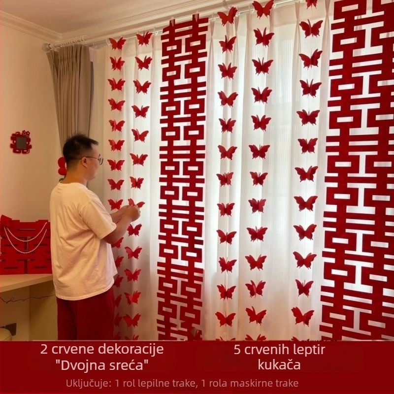Set svadbene dekoracije za prostoriju: zavjese za spavaću sobu nevjeste i dnevni boravak, dekor za mladoženjin novi dom, traka sa simbolom Dvostruke Sreće (Materijal: netkana tkanina; Pakiranje: PP vrećica; Značka: Tiantianxifang; Kategorija: Ostali svadbe