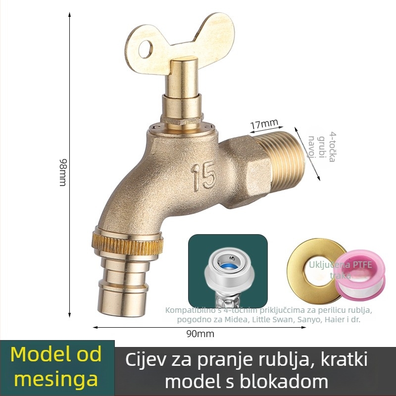 Bakrena vanjska slavina za zidnu ugradnju s bravom, za perilicu, hladna voda, keramički disk ventila, 20 mm sjedište