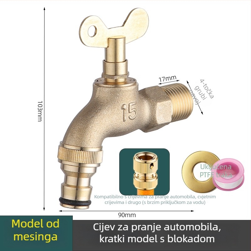 Bakrena vanjska slavina za zidnu ugradnju s bravom, za perilicu, hladna voda, keramički disk ventila, 20 mm sjedište