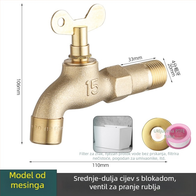 Bakrena vanjska slavina za zidnu ugradnju s bravom, za perilicu, hladna voda, keramički disk ventila, 20 mm sjedište