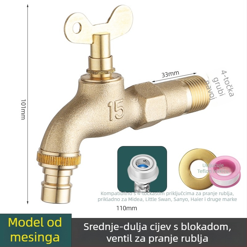 Bakrena vanjska slavina za zidnu ugradnju s bravom, za perilicu, hladna voda, keramički disk ventila, 20 mm sjedište