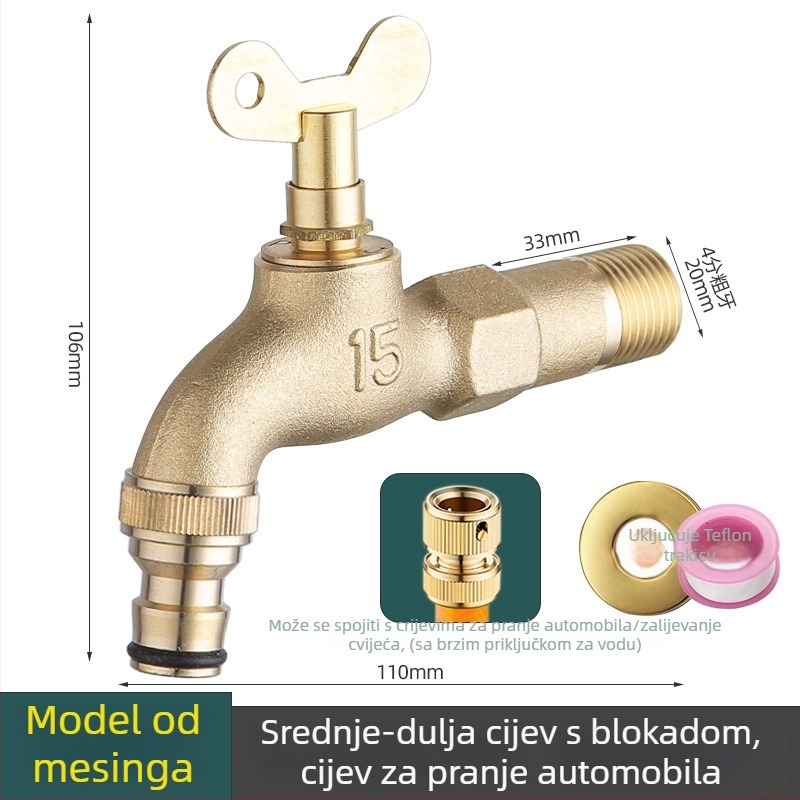 Bakrena vanjska slavina za zidnu ugradnju s bravom, za perilicu, hladna voda, keramički disk ventila, 20 mm sjedište