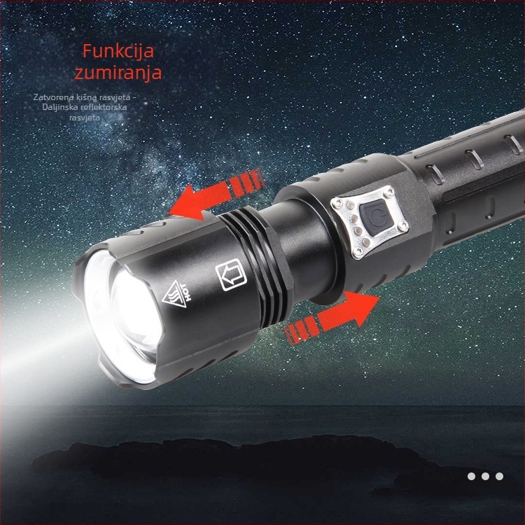 LED svjetiljka s USB punjenjem, kućište od aluminijske legure, baterija 3000 mAh, LED svjetlo, domet preko 500 metara