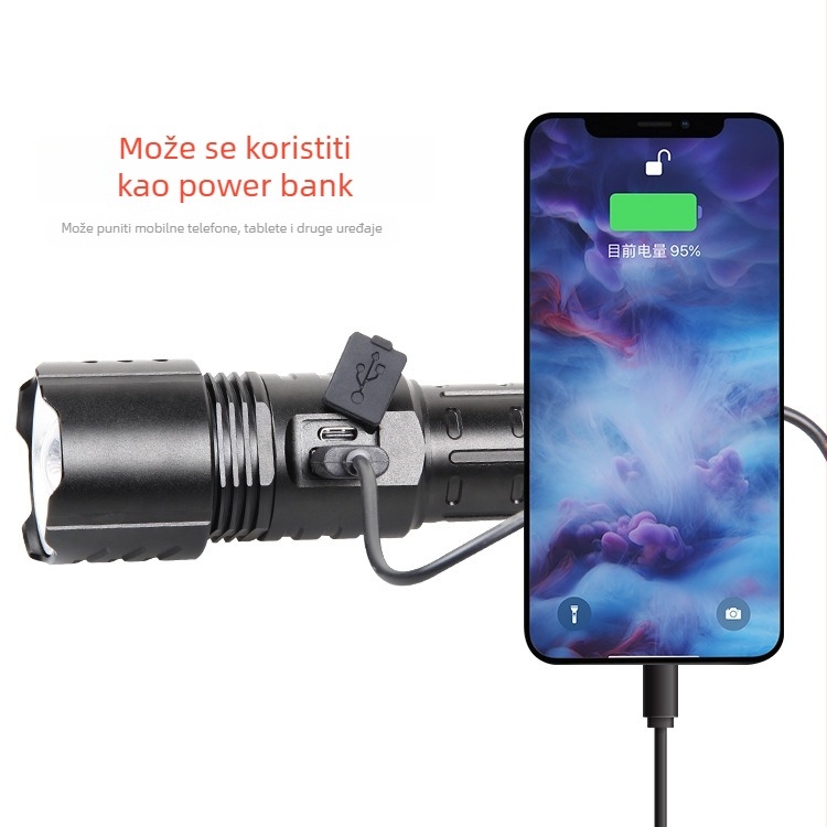 LED svjetiljka s USB punjenjem, kućište od aluminijske legure, baterija 3000 mAh, LED svjetlo, domet preko 500 metara