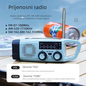 Hitno višenamjerno radio s alarmom potresa, ručno pokretanje energije i LED lampica, 2000mAh baterija