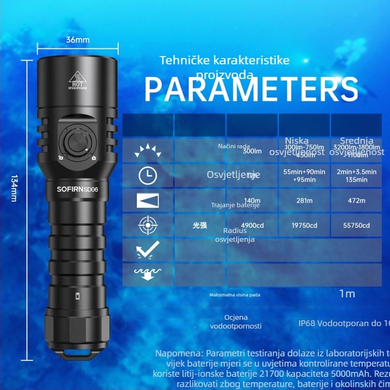 sofirn SD06 Potapajuća LED lampa – Tijelo od aluminijske legure, 3200 lm, 21700 litijska baterija
