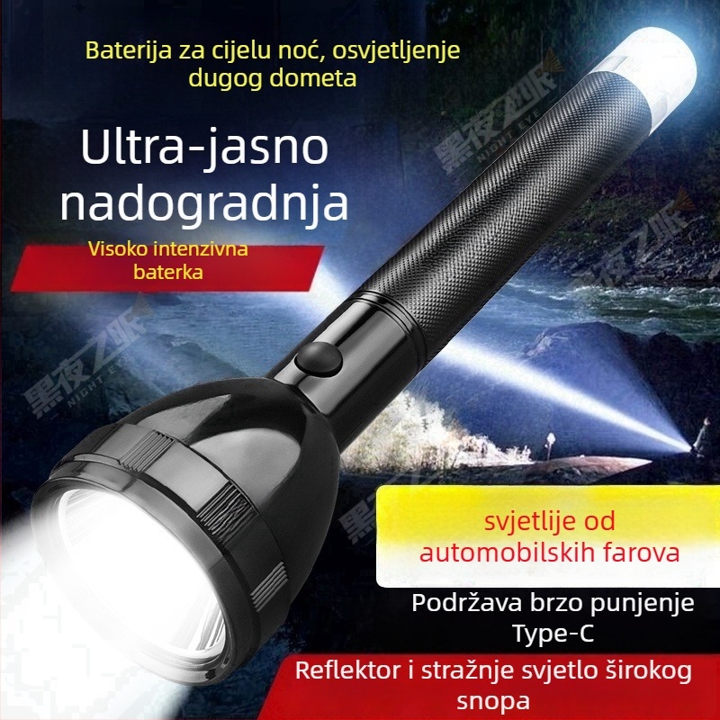 LED svjetiljka s 3 načina rada, rotirajuća glava 360°, baterija 2400mAh, domet 100–200 m, trajanje 5–8 sati.