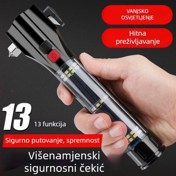 Hitna LED svjetiljka s podesivim fokusom, čekićem za spašavanje i laserom – Punjiva baterija 4800mAh, tijelo od aluminijske legure