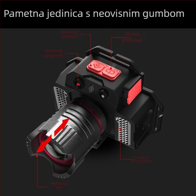 Gelin punjiva čelna lampa od aluminijske legure, 10W, 2200mAh, 360° rotacija, domet 200–500 m