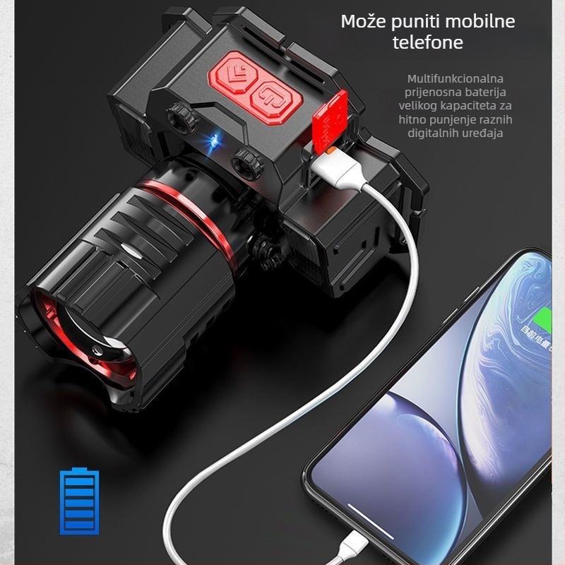 Gelin punjiva čelna lampa od aluminijske legure, 10W, 2200mAh, 360° rotacija, domet 200–500 m