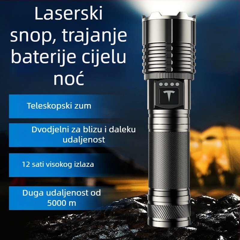 LED svjetiljka s optičkim zumom, baterija 5000mAh, 30W snage, kućište od aluminijske legure, funkcija power bank