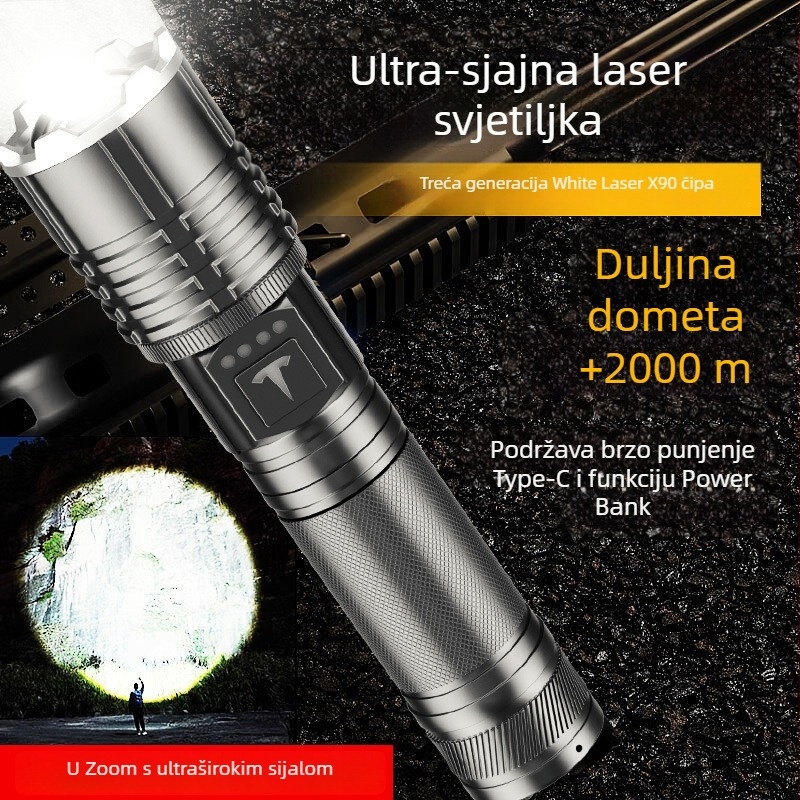 LED svjetiljka s optičkim zumom, baterija 5000mAh, 30W snage, kućište od aluminijske legure, funkcija power bank