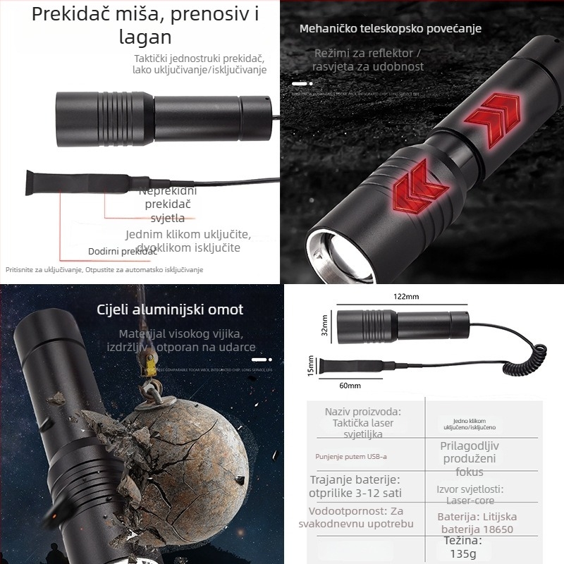 Taktička LED svjetiljka s optičkim zoomom, 10W, punjiva, domet 200–500 m, 360° rotacija