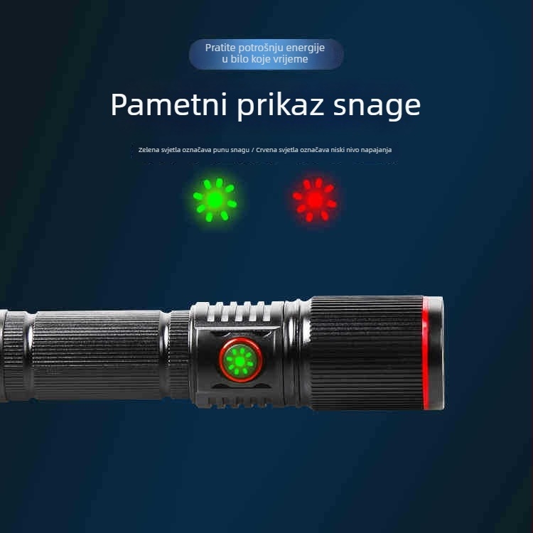 LED baterijska svjetiljka od aluminijske legure, Type-C punjenje, teleskopski zum, baterija 2000 mAh, domet 200–500 m