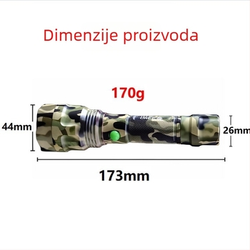 LED ručna svjetiljka, punjiva, 10W, aluminijska legura, domet 200–500 m