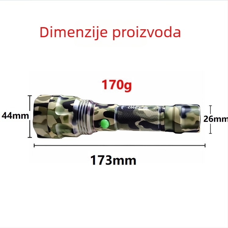 LED ručna svjetiljka, punjiva, 10W, aluminijska legura, domet 200–500 m