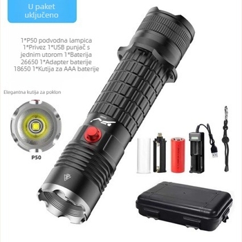 Podvodna LED svjetiljka, aluminijsko kućište, punjiva 26650 Li-ion baterija (1000–3000 mAh), postavke snage 10/20/30, vodootporna do 200–500 m