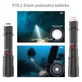 Podvodna LED svjetiljka, aluminijsko kućište, punjiva 26650 Li-ion baterija (1000–3000 mAh), postavke snage 10/20/30, vodootporna do 200–500 m