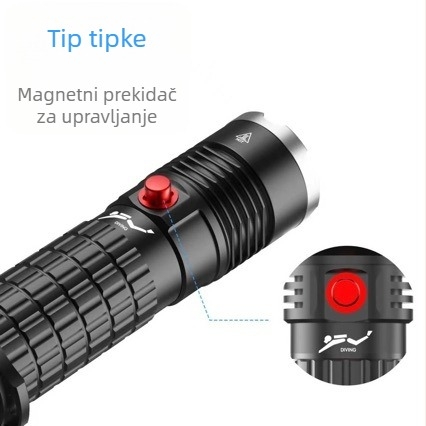 Podvodna LED svjetiljka, aluminijsko kućište, punjiva 26650 Li-ion baterija (1000–3000 mAh), postavke snage 10/20/30, vodootporna do 200–500 m