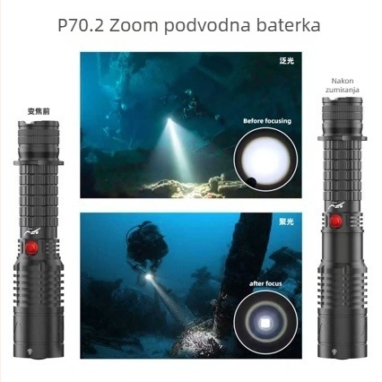 Podvodna LED svjetiljka, aluminijsko kućište, punjiva 26650 Li-ion baterija (1000–3000 mAh), postavke snage 10/20/30, vodootporna do 200–500 m