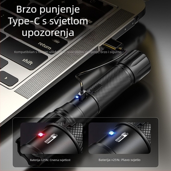 LED baterija sa zoomom, USB punjenje, kućište od aluminijske legure, baterija 1200mAh, domet 200–500 m