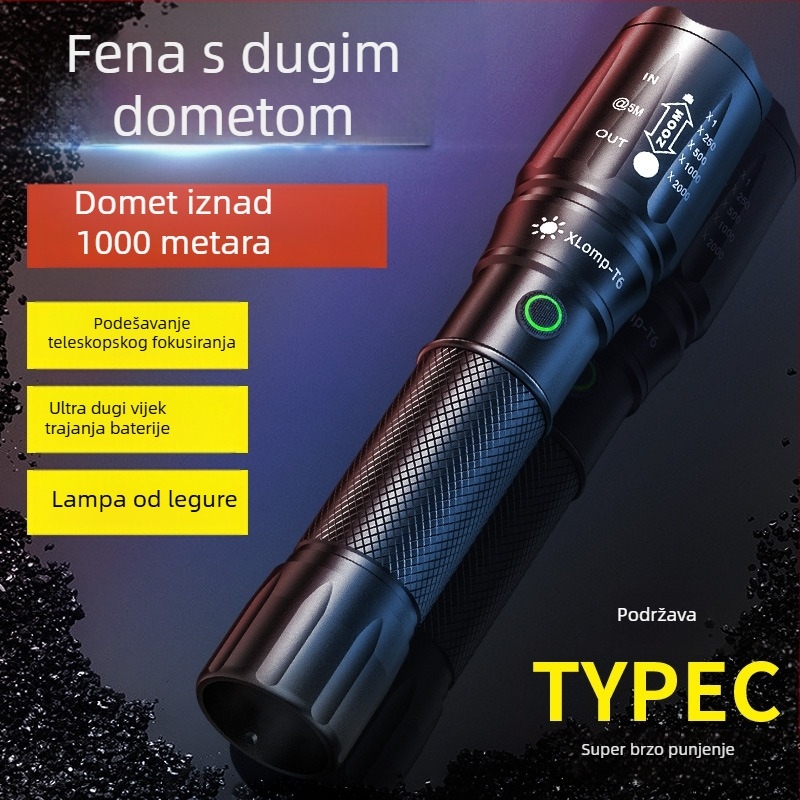 LED baterija sa zoomom, USB punjenje, kućište od aluminijske legure, baterija 1200mAh, domet 200–500 m