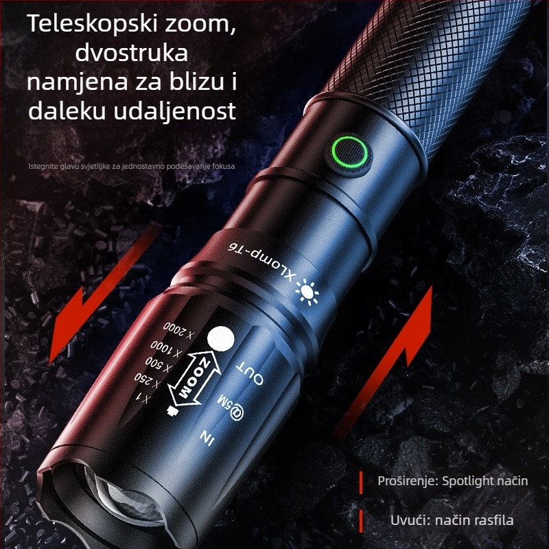 LED baterija sa zoomom, USB punjenje, kućište od aluminijske legure, baterija 1200mAh, domet 200–500 m